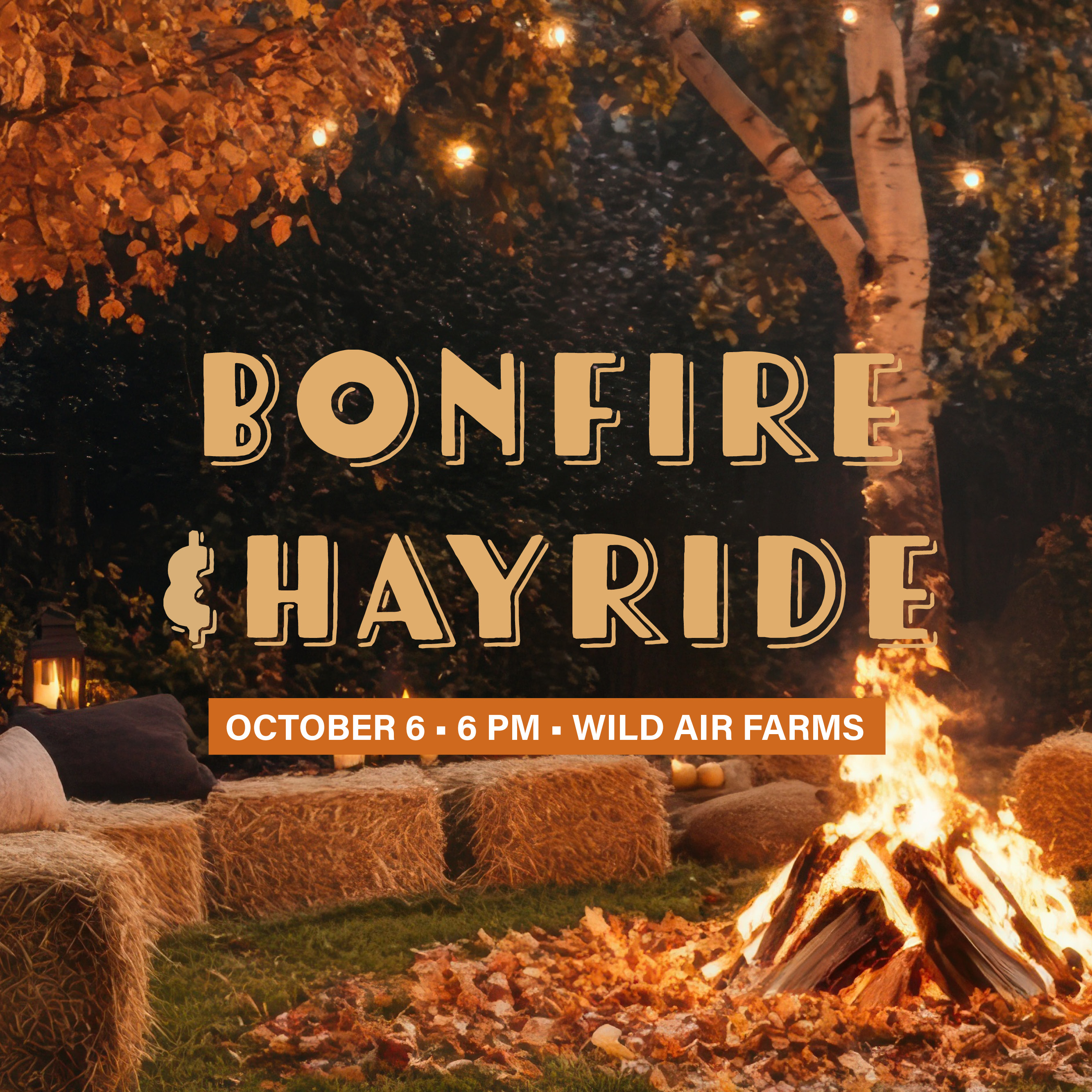 October 6, 6 PM, Wild Air Farms
Hayride, bonfire, hot dogs, s'mores, games, and time to hang out!
